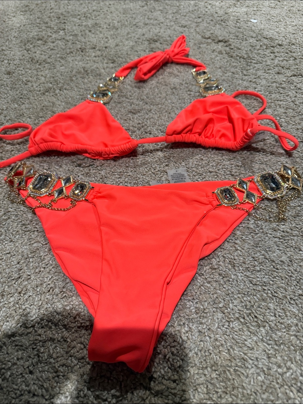 Beach Bunny Neon Coral Triangle Bikini with Gold Embellishments